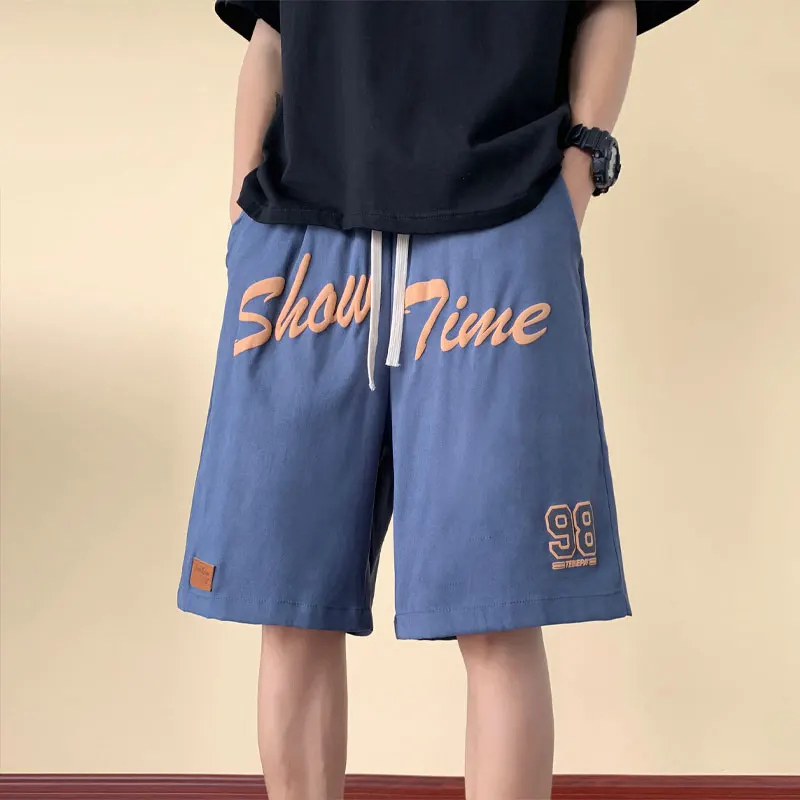 High Street Letter Printed Knee Pants American Retro Mid Waist Elastic Summer Loose Straight Men's Clothing Basic Casual Shorts