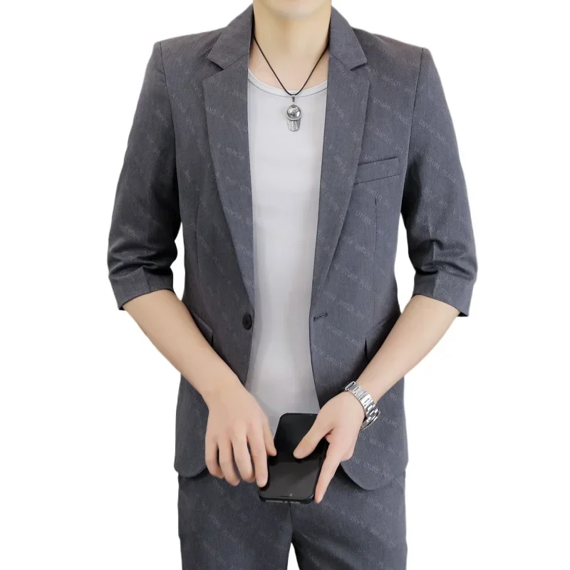 

Модный мужской костюм, летний модный удобный облегающий костюм с буквенным принтом на одной пуговице, куртка с рукавом [3/4 + брюки под крою 9 шт.]