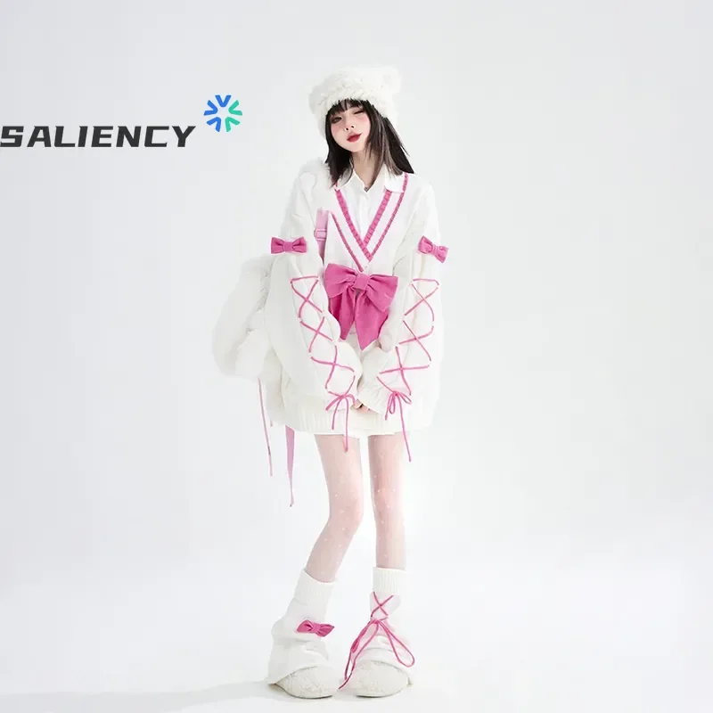 SALIENCY Bow Sweater Women's Autumn Winter Lazy Style Loose V-neck Straps Long Sleeve Knitted Pullover Top Streetwear Y2k
