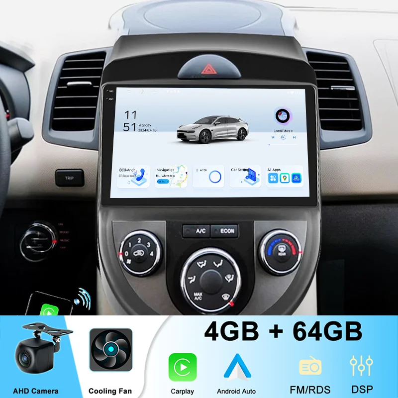 

9" 4+64GB For Kia Soul 2010-2013 Car Stereo Radio Wireless Carplay Android 15 Auto Head Unit GPS Navi Outer Frame