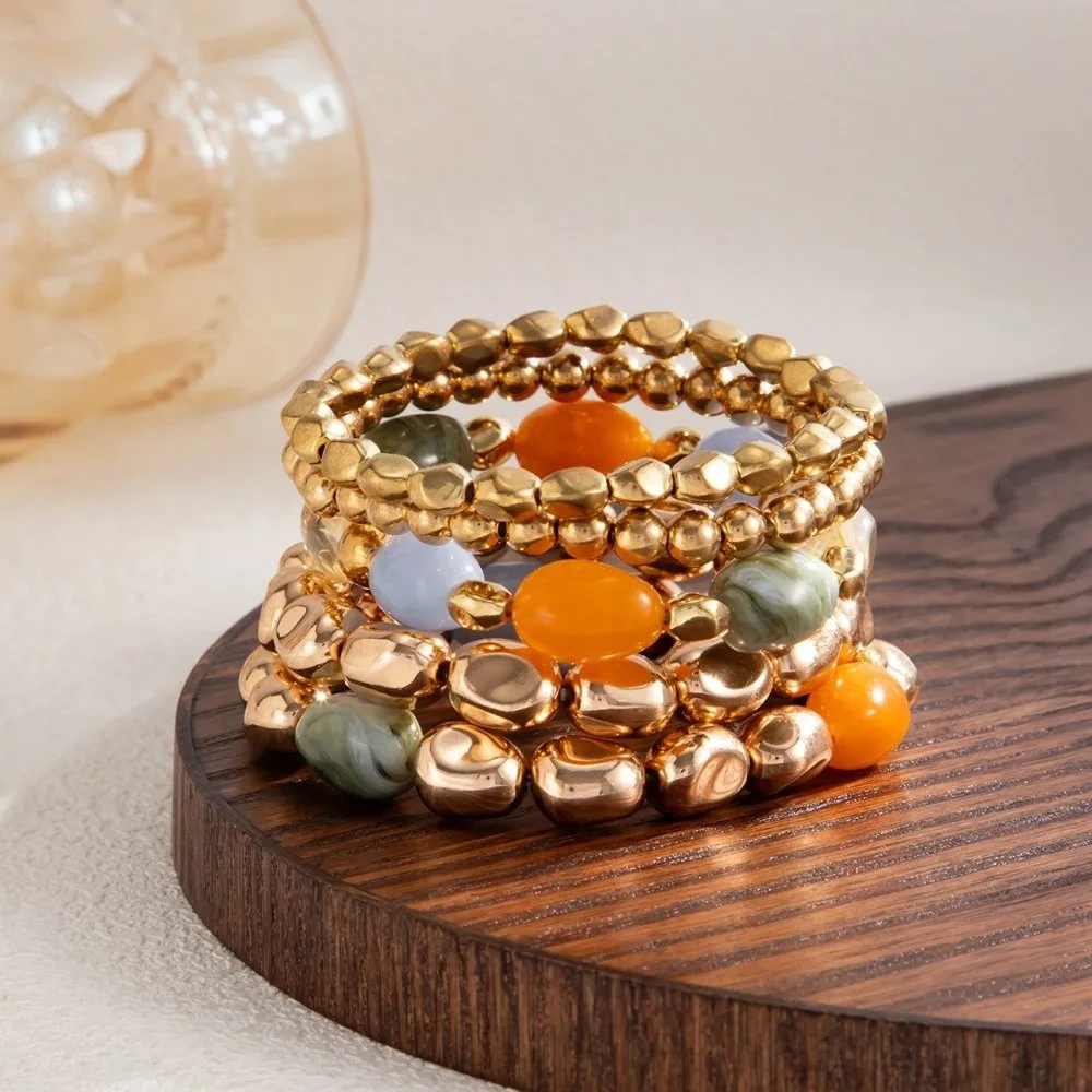 Multi Color Resin Bead Bracelet Irregular Shape Elastic Cord Elastic Cord Bracelet Gradient Hue Stackable Design