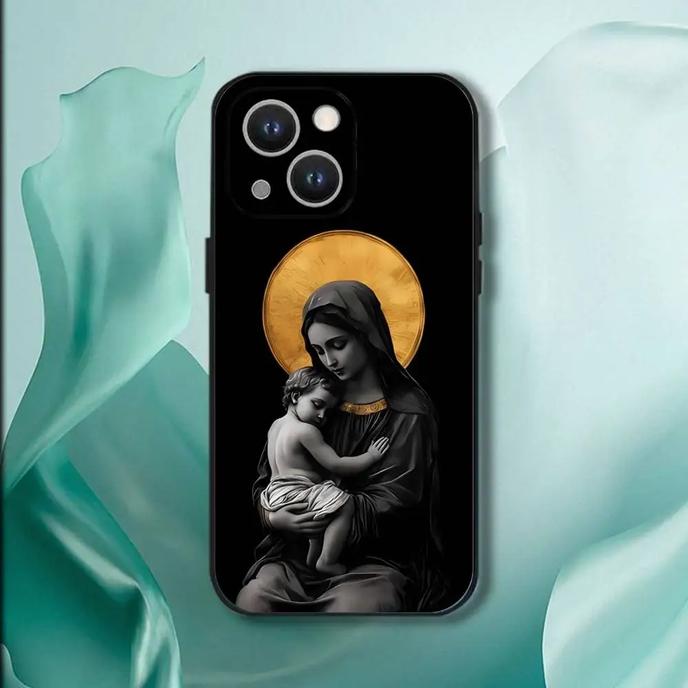 Virgin Mary And Jesus Phone Case For iPhone 16,15,14,13,12,11,Pro,XS,Max,XR,Plus,E,SE4,Mini Black Soft Cover