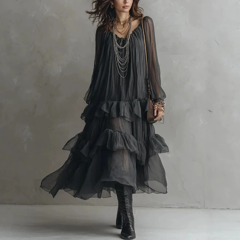 Gothic Boho Chiffon Tiered Maxi Dress For Women Long Sheer Sleeve Loose Multi Ruffle Hem Flowy Floor‑Length Casual Long Dresses