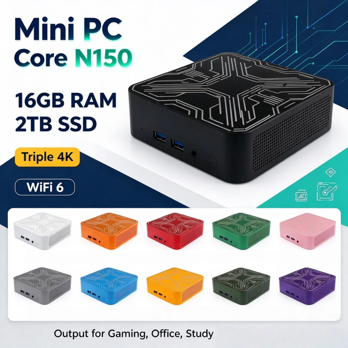 ポータブルミニpc、トリプル4k、wi-fi-6、静音冷却、intel-core-n150、2026年モデル、16gbメモリ、m2-nvme-ssd搭載、効率的なオフィス・ホームデスクトップコンピューター。
