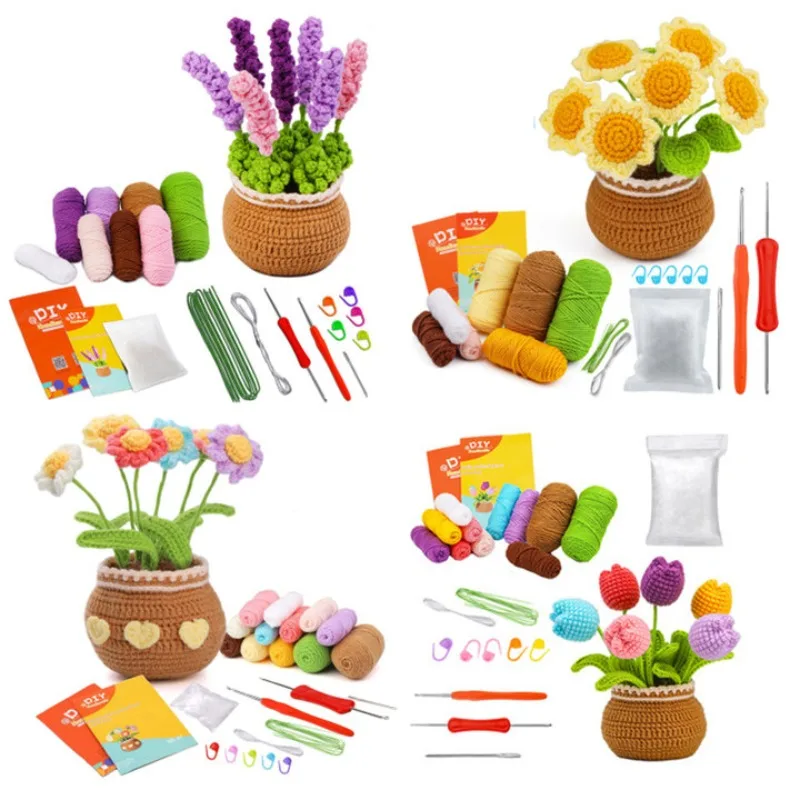 Maceta bonita de flores, girasol, lavanda, rosa, hilo hecho a mano, Kit de materiales de ganchillo, suministro de ganchillo para regalo de cumpleaños y vacaciones DIY