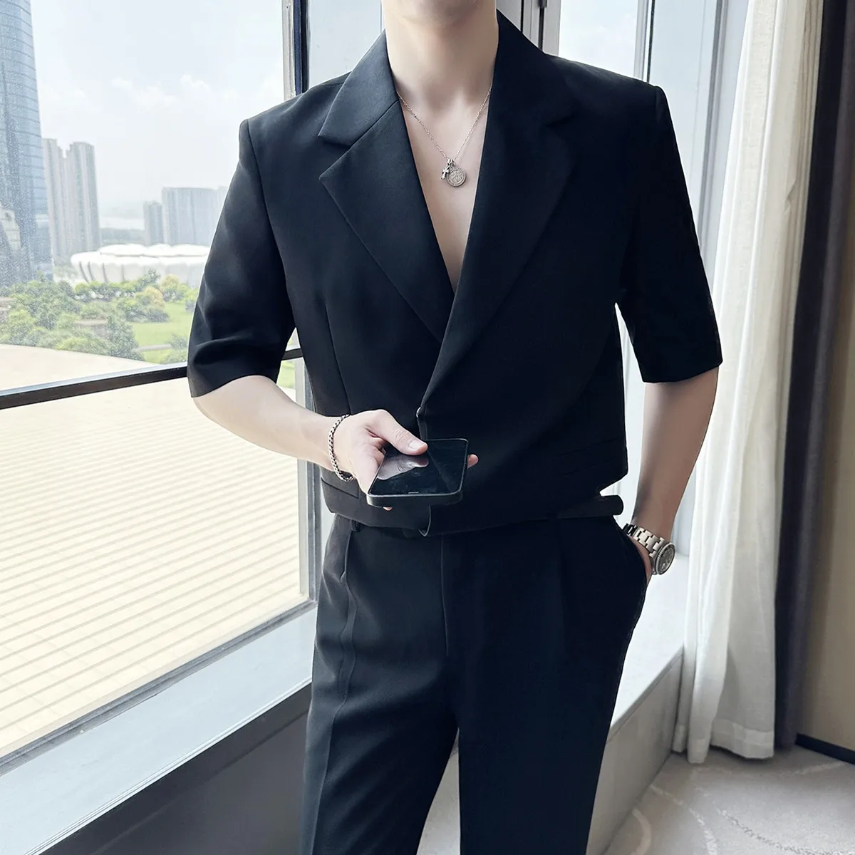 2023 Summer Fashion Half Sleeve Suit Men Side Buckle Design Casual Simple Solid Color Loose Suits Homme (Jacket + Pants+Belt)