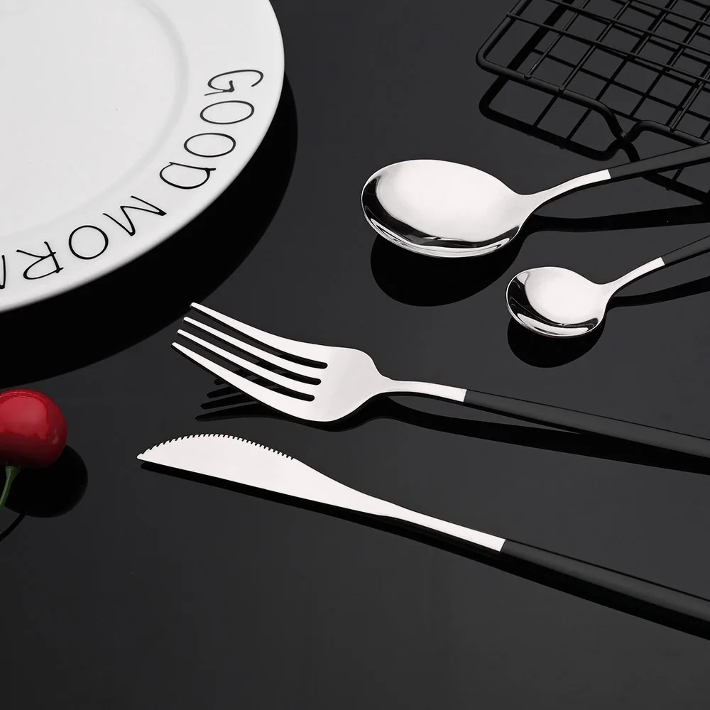 15-20Pcs Korean Dinnerware Set Black Silver Cutlery Set Chopsticks Knife Fork Spoon Stainless Steel Luxury Tableware Set