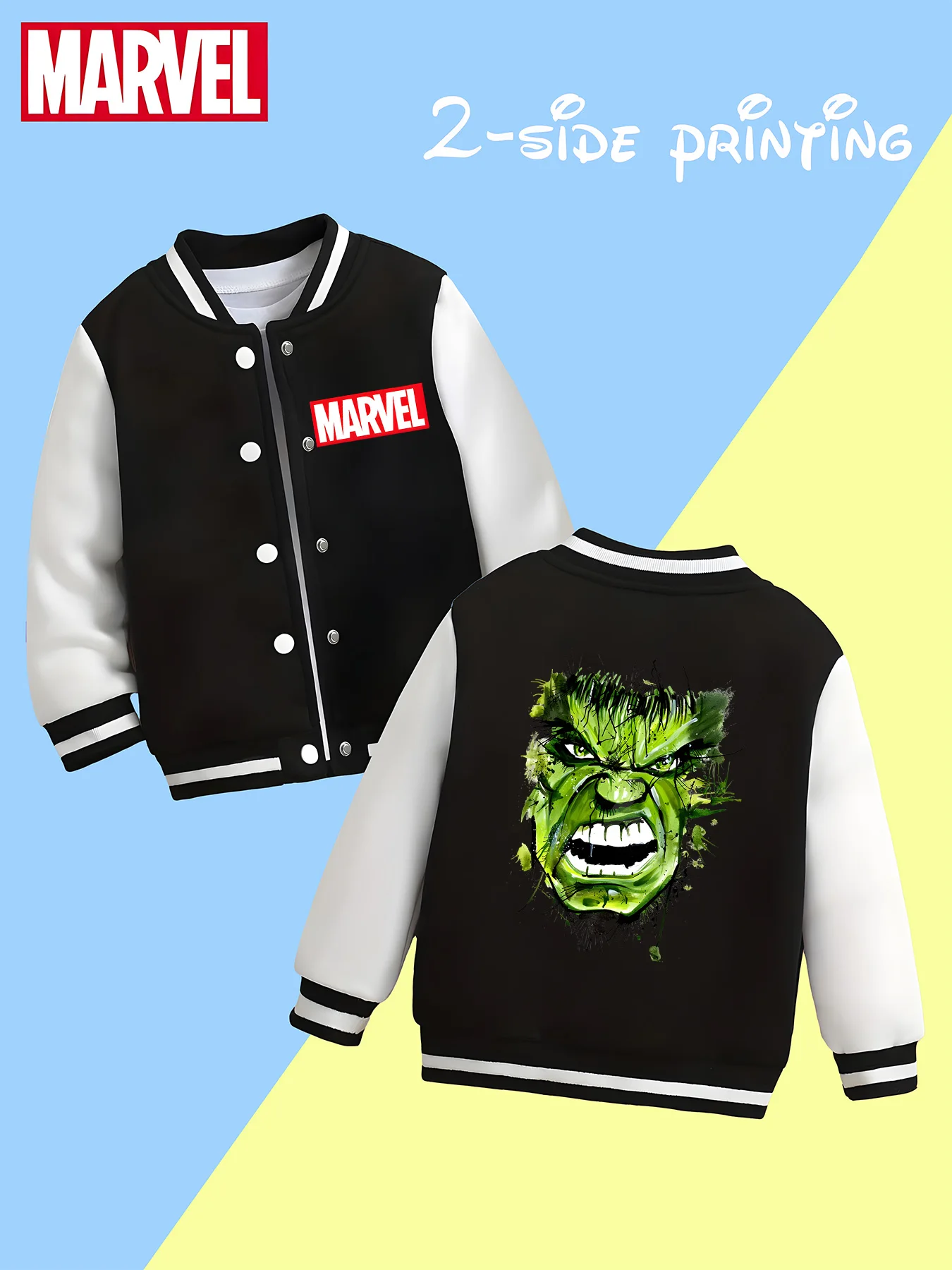 

MINISO Marvel Boys' Baseball Jacket - Incredible Hulk Print, Double-Sided Pattern, Comfortable Fabric, Black and White, Fashiona
