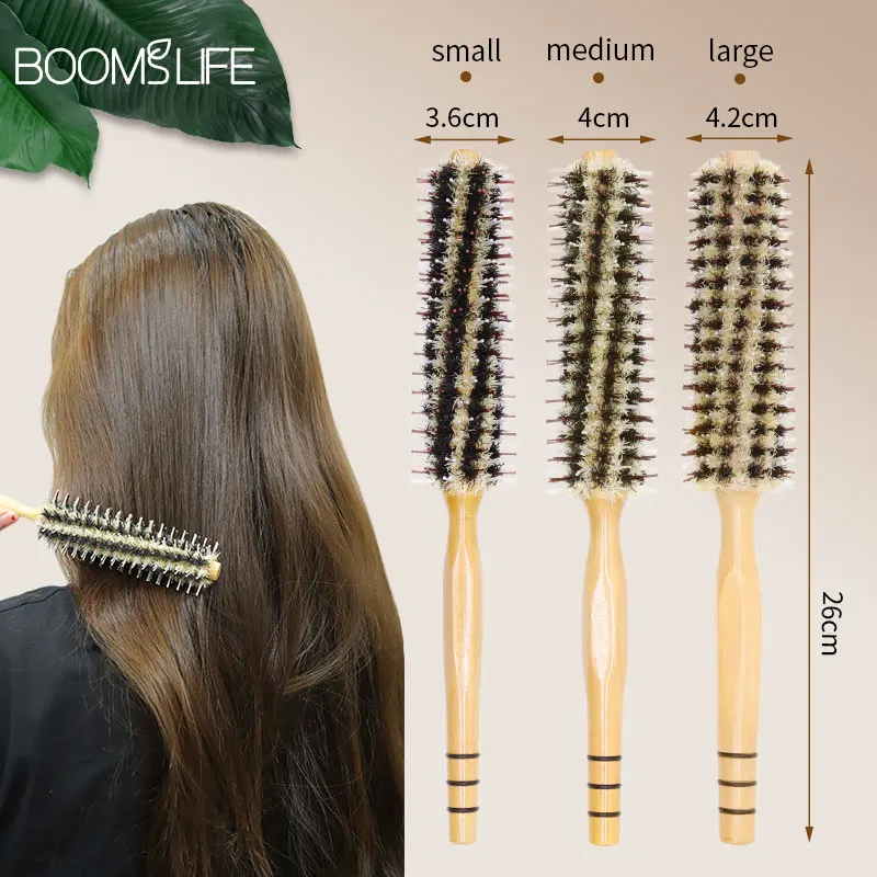 Natural Boar Bristle Rolling Brush Barber Hair Roller Wood Hair Brush Round Barrel Hair Comb for Women Curly Hair Hairdressing