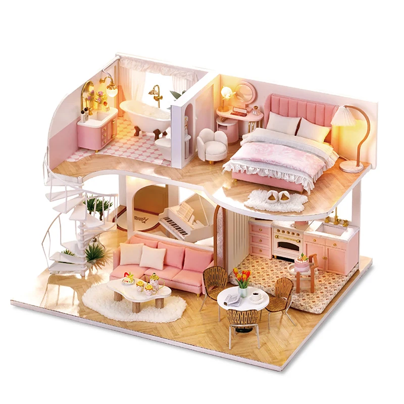 Doll House Mini DIY Small Kit Production Assembly Model Room Princess Toys Home Bedroom Decoration with Furniture Wooden Crafts