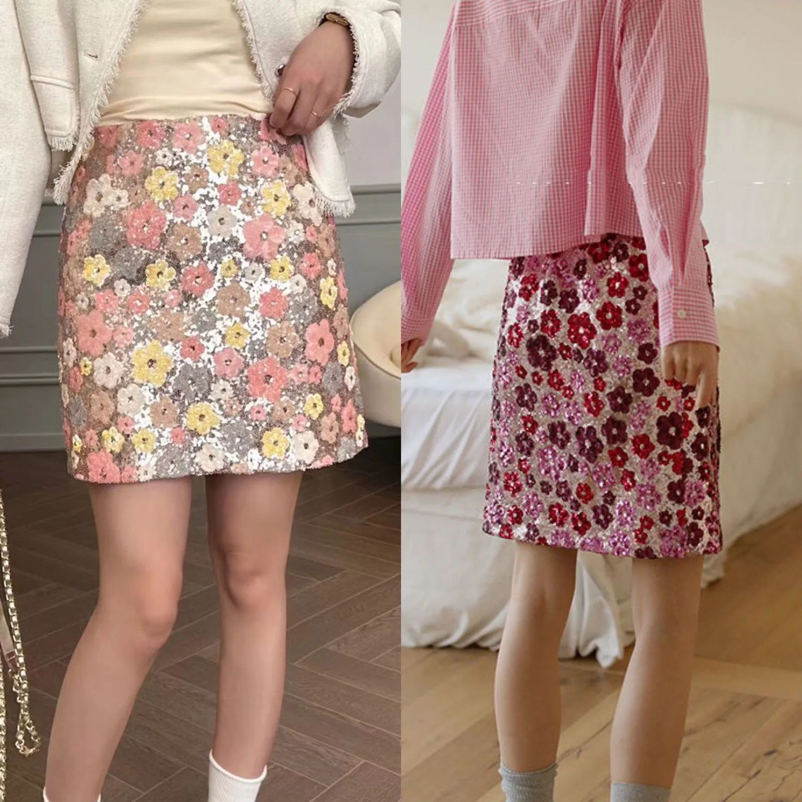 New Spring Summer Temperament  Small Flower Sequin Pattern Temperament Party Mini Skirt Package Hip Skirt