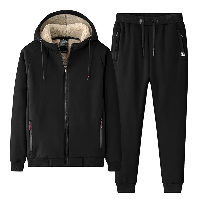 

Мужской комплект, теплый кашемировый спортивный костюм, верхняя одежда, зимние однотонные мужские комплекты, комплект из двух предметов из плотного флиса, повседневная брендовая одежда
