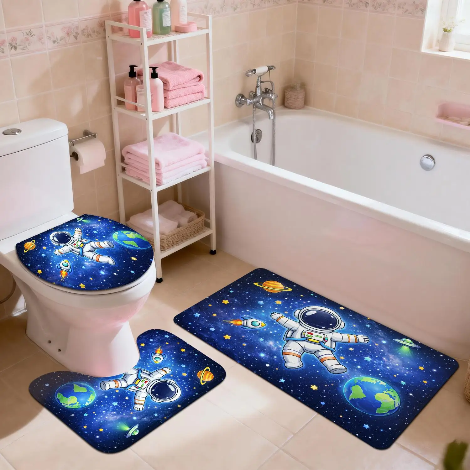 

Space Astronaut Galaxy Bath Mat Set | Cute Starry Bathroom Rug Decor Home Decor