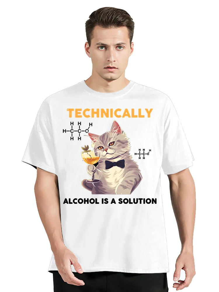 Technically Alcohol Is A Solution Graphic Tshirt Funny Cat Drinking Beer T shirt Fashion Harajuku T-shirt Men Clothing