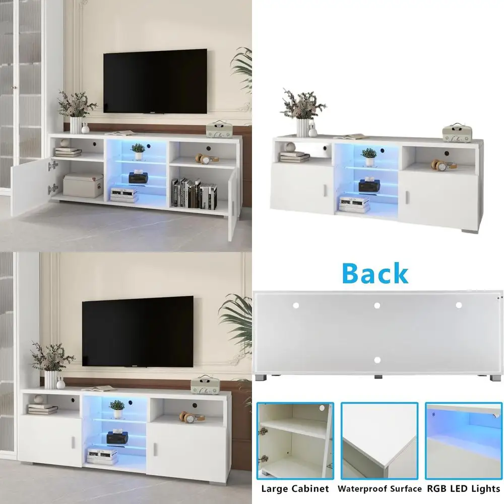 White Modern TV Stand for 32-60 Inch TVs with Storage and LED Lights, Gaming and Media Console for Living Room and Bedroom