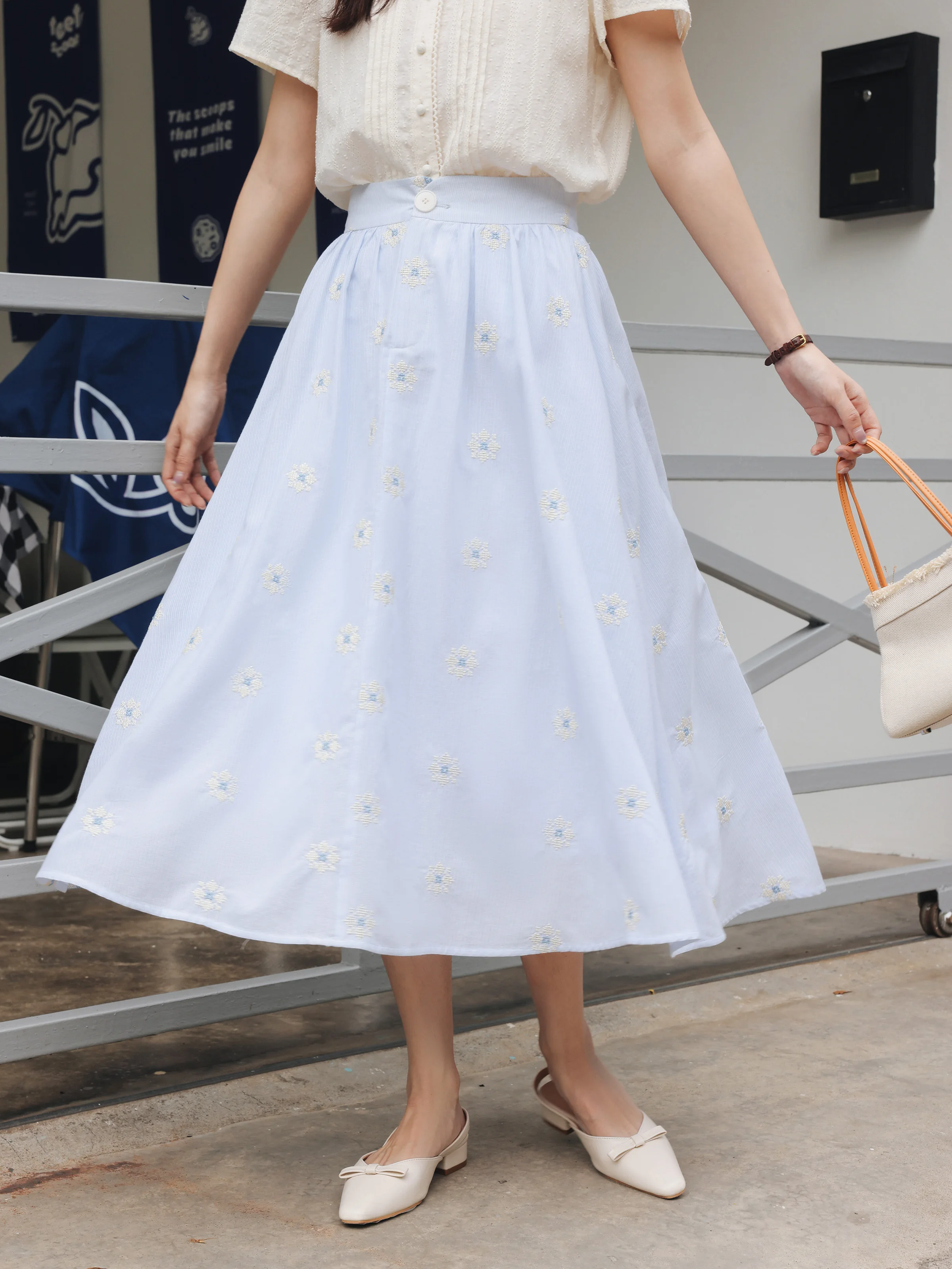 Vintage White Shirt Floral Embroidered High Waist A-Line Skirt Set Women Summer Slimming Midi Outfit Elegant Two-Piece Suit