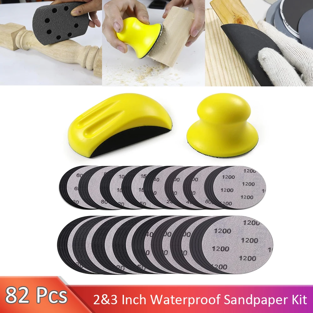 

82 Pcs 2&3 Inch Sanding Discs Set 2PCS Round Mouse Hand Sanding Block with 80PCS Silicon Carbide Sander Pads For Wood Polishing
