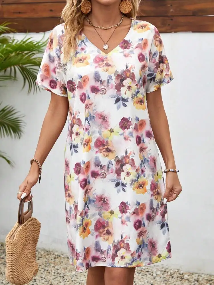 المرأة قميص فضفاض فستان مثير الإناث الخامس الرقبة قصيرة الأكمام ريشة الأزهار تي شيرت مطبوع فساتين الحفلات الفضفاضة الصغيرة