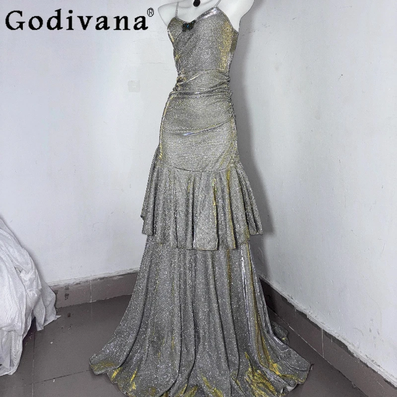 

Girls High Waist Party Long Dress Original Gold Princess Fishtail Flash Dress Women's Sleeveless Lolita Floor Mopping Dress