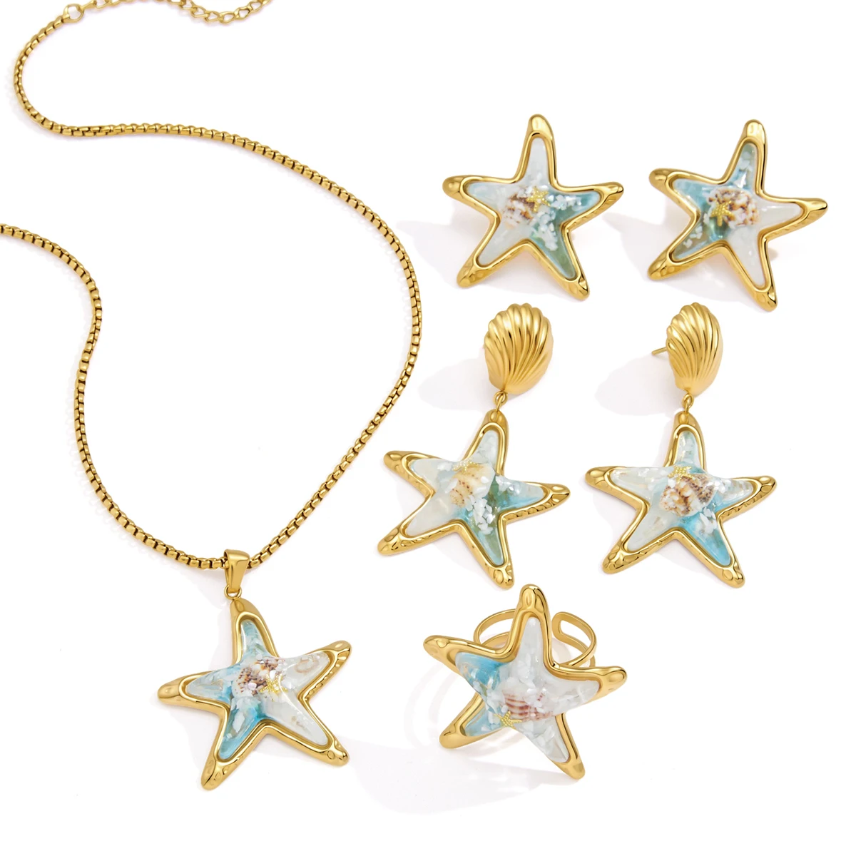 Spark & Co White Blue Resin Starfish Necklace Earrings Ring For Women Minimalist 18K Gold PVD Plated Stainless Steel Jewelry Set
