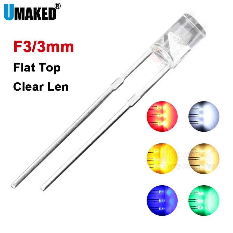 1000pcs F3 3mm Clear LED flat top lamps diodes chip 20mA light beads F3 led Emitting diodes WW/W/R/G/B/Y Lighting DIY lamp Chip