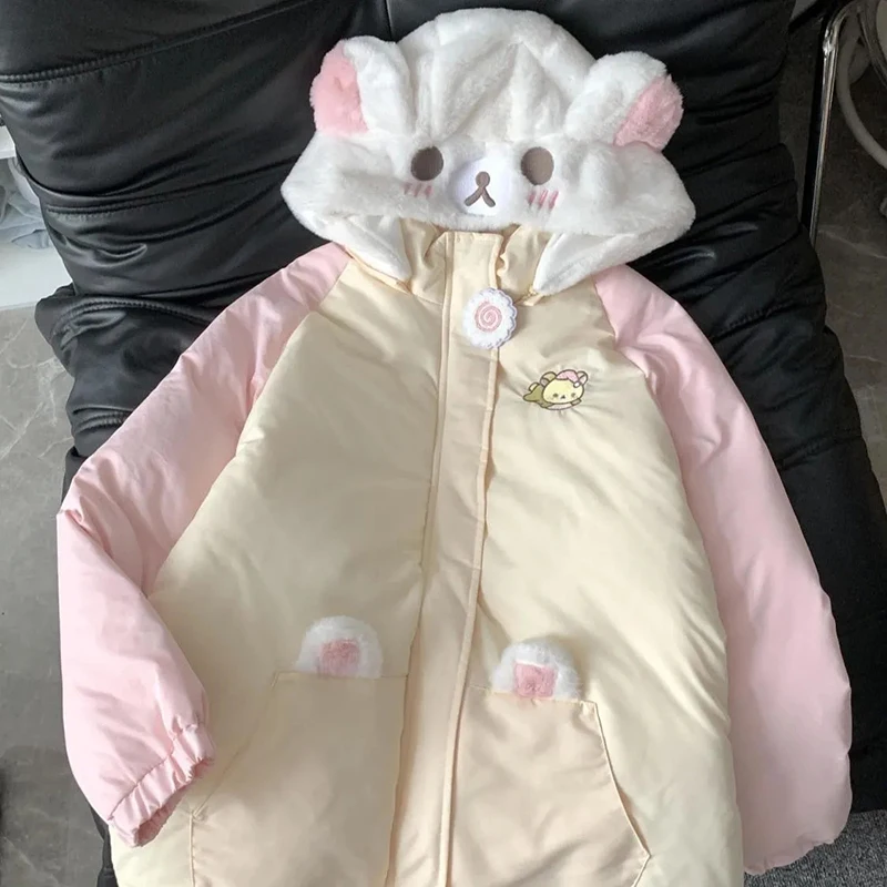 

Японская милая пышная куртка, женская лоскутная парка с длинными рукавами и героями мультфильмов, зимнее толстое теплое повседневное пальто с капюшоном в консервативном стиле