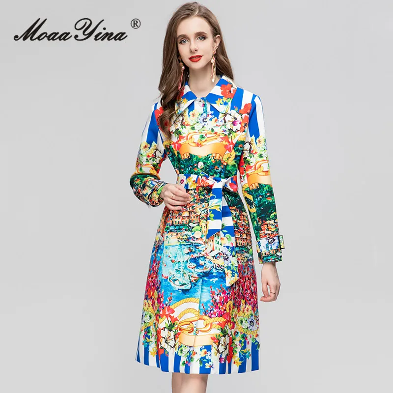 

MoaaYina Summer Fashion Designer Vintage Casual Print Dress Women Lapel Long Sleeve Frenulum Gathered Waist High Slit Midi Dress