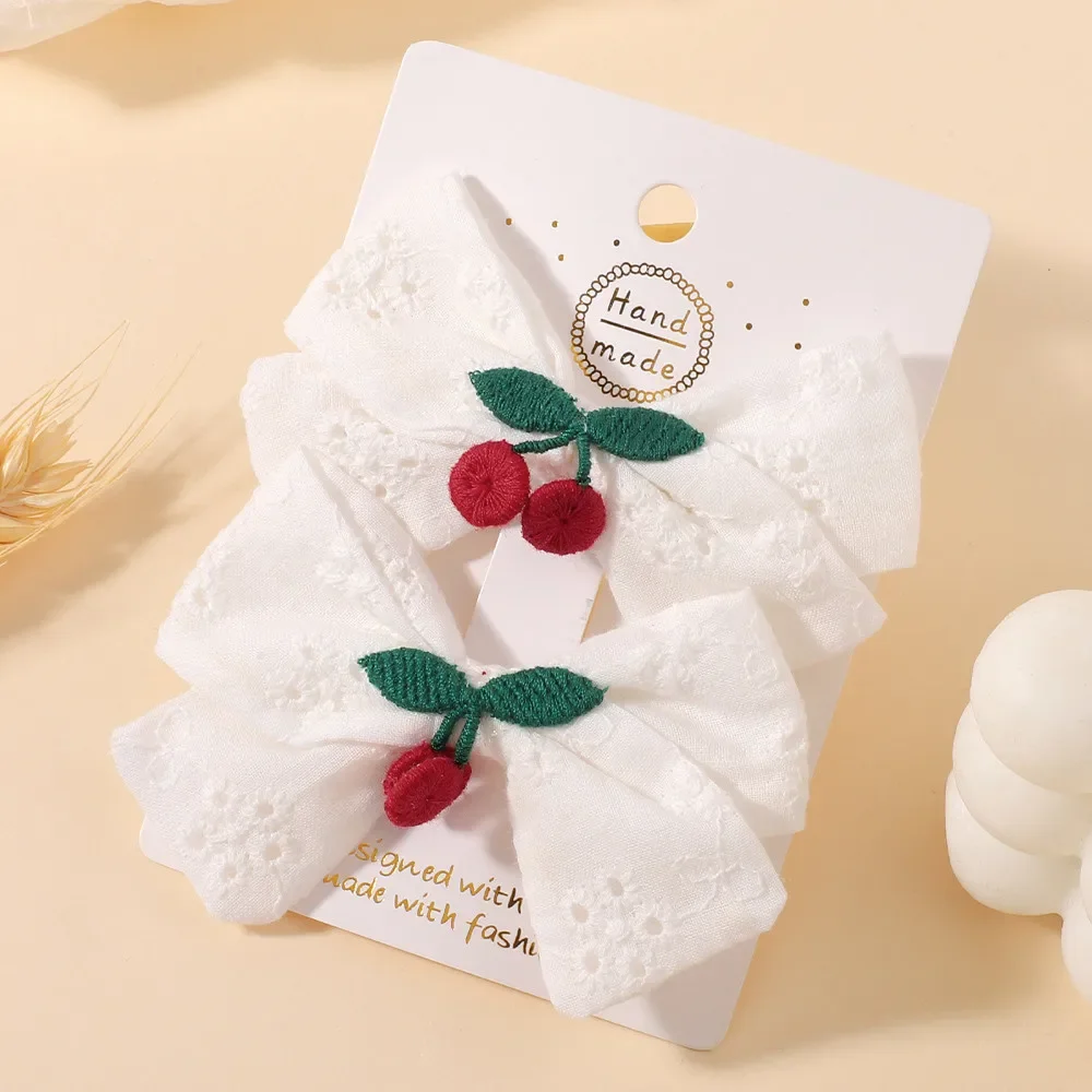 2Pcs Cute Hand Knit Cherry Decor Hollow Fabric Bow Hair Barrettes Matching Pair for Toddler Girls