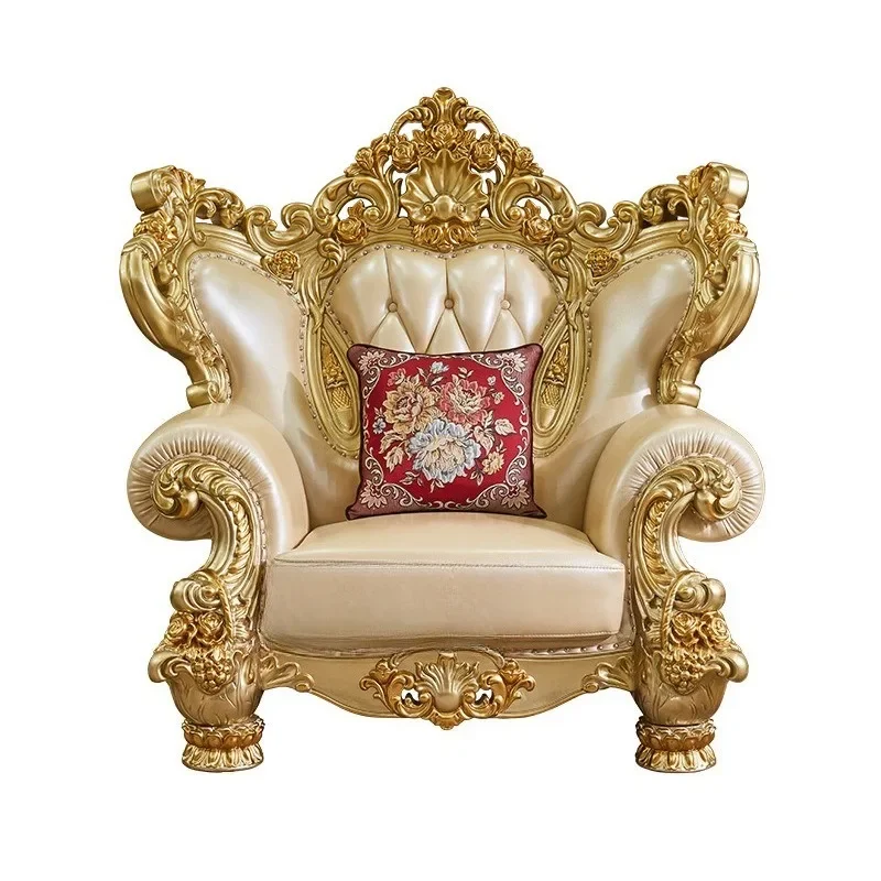 Leather sofa combination solid wood double-sided carved sofa French sofa villa living room cowhide