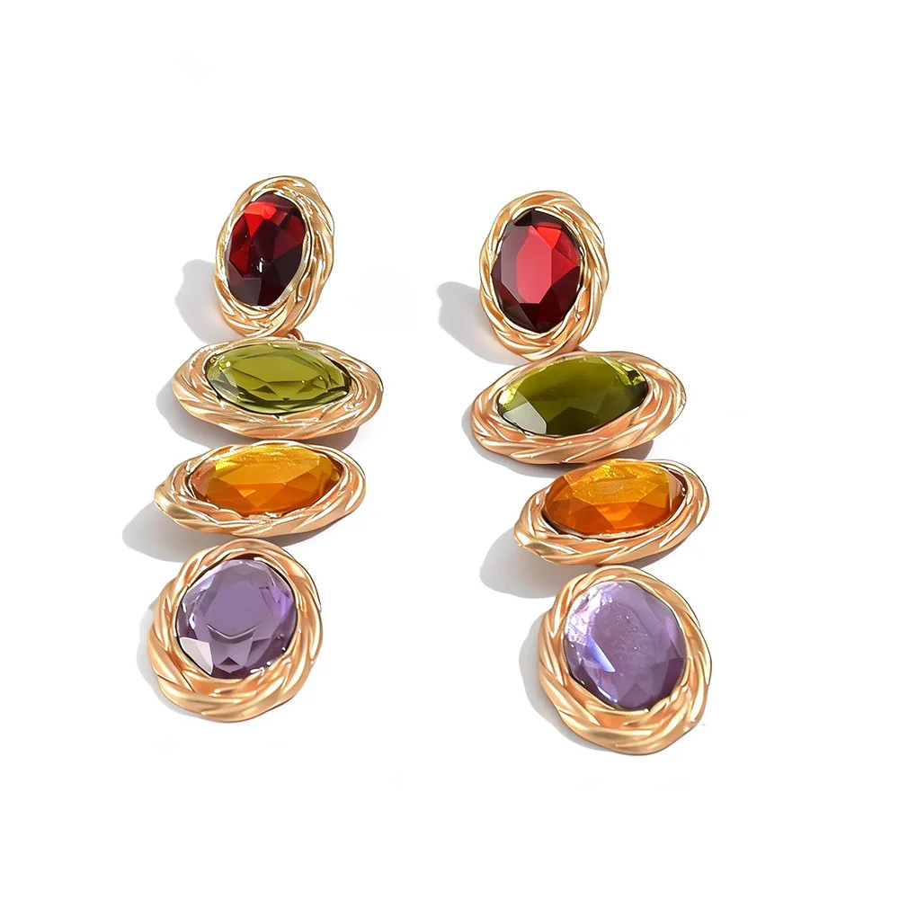 Court style gradual change resin earrings long four-color gemstone fringed earrings retro noble temperament earrings women