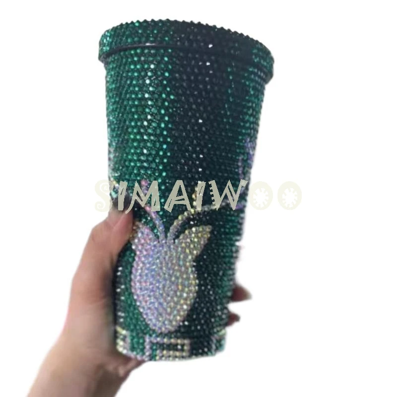 Bling Straw Cup Handmade Sparkling Deer Horn Print Stainless Steel 500ML Thermos Vaccum Christmas Red Green Mosaic Cross Stitch