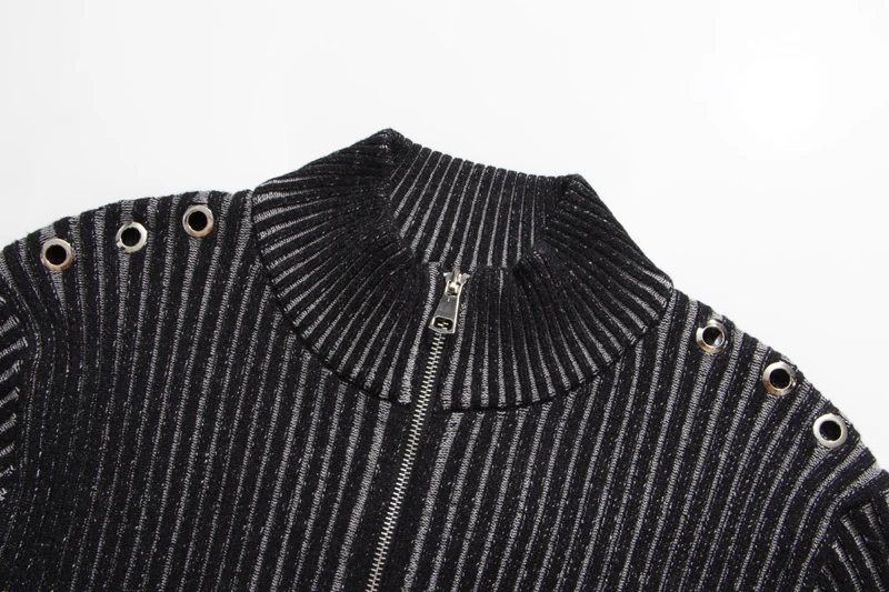 Vintage Pleated Striped Hollow Willow Nail Buckle Stand Up Collar Zippered Cardigan Slim Fit Winter Sweater for Men Women