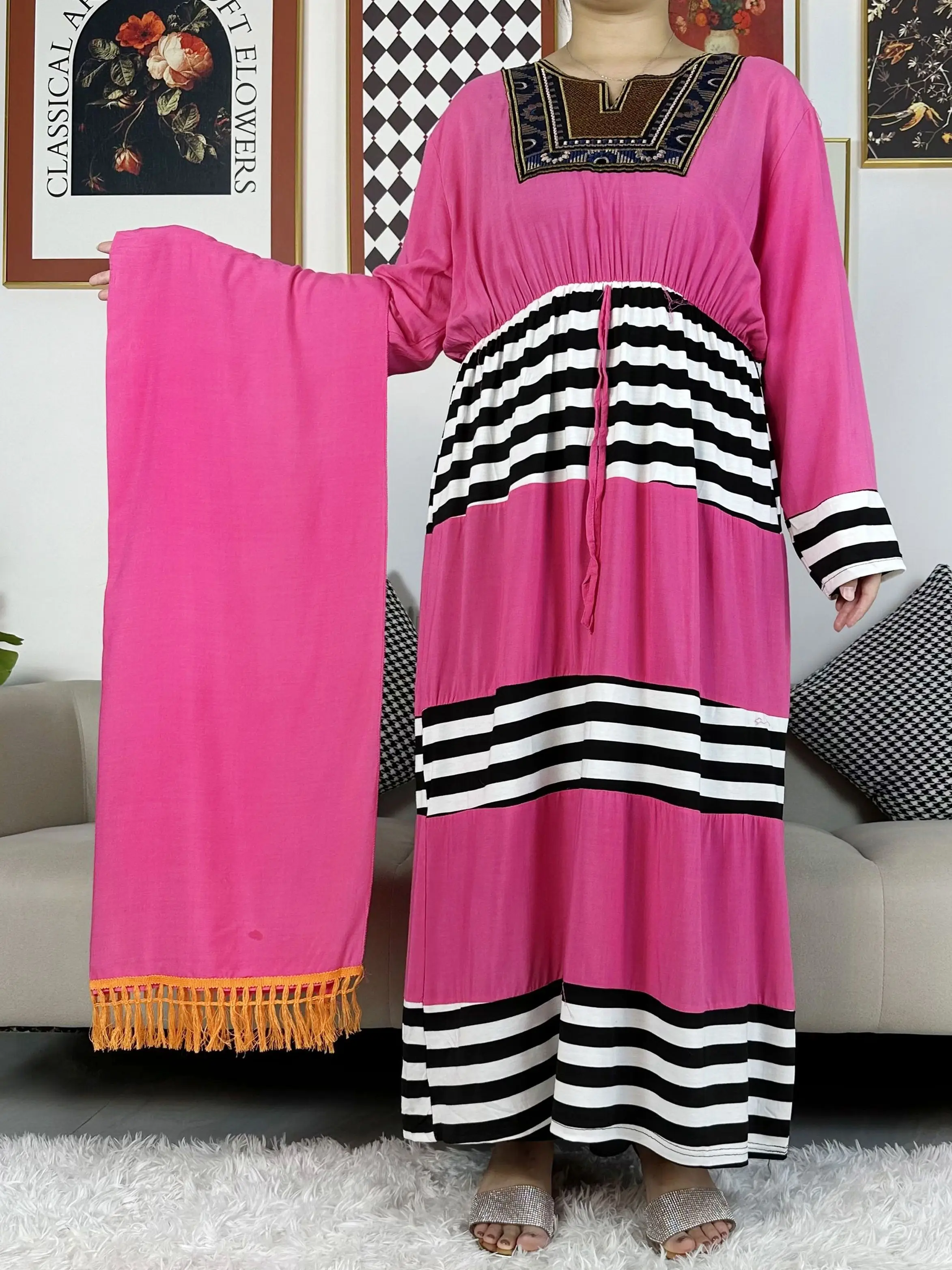 2023 New African Kaftan Women Cotton Abaya Dresses Long Sleeve Loose Style Dashiki Dubai Stripe Long Lady Dresses For Lady