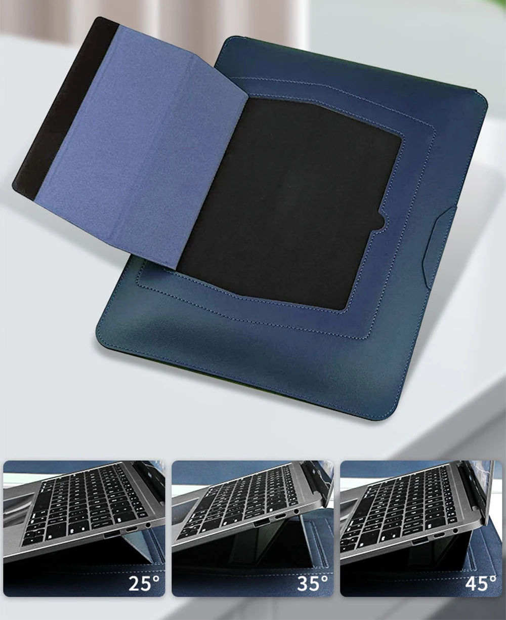 Business Office Commuting Personalized Laptop Pouch Luxury PU Leather Protective Laptop Sleeve With Stand Charger Storage Bag
