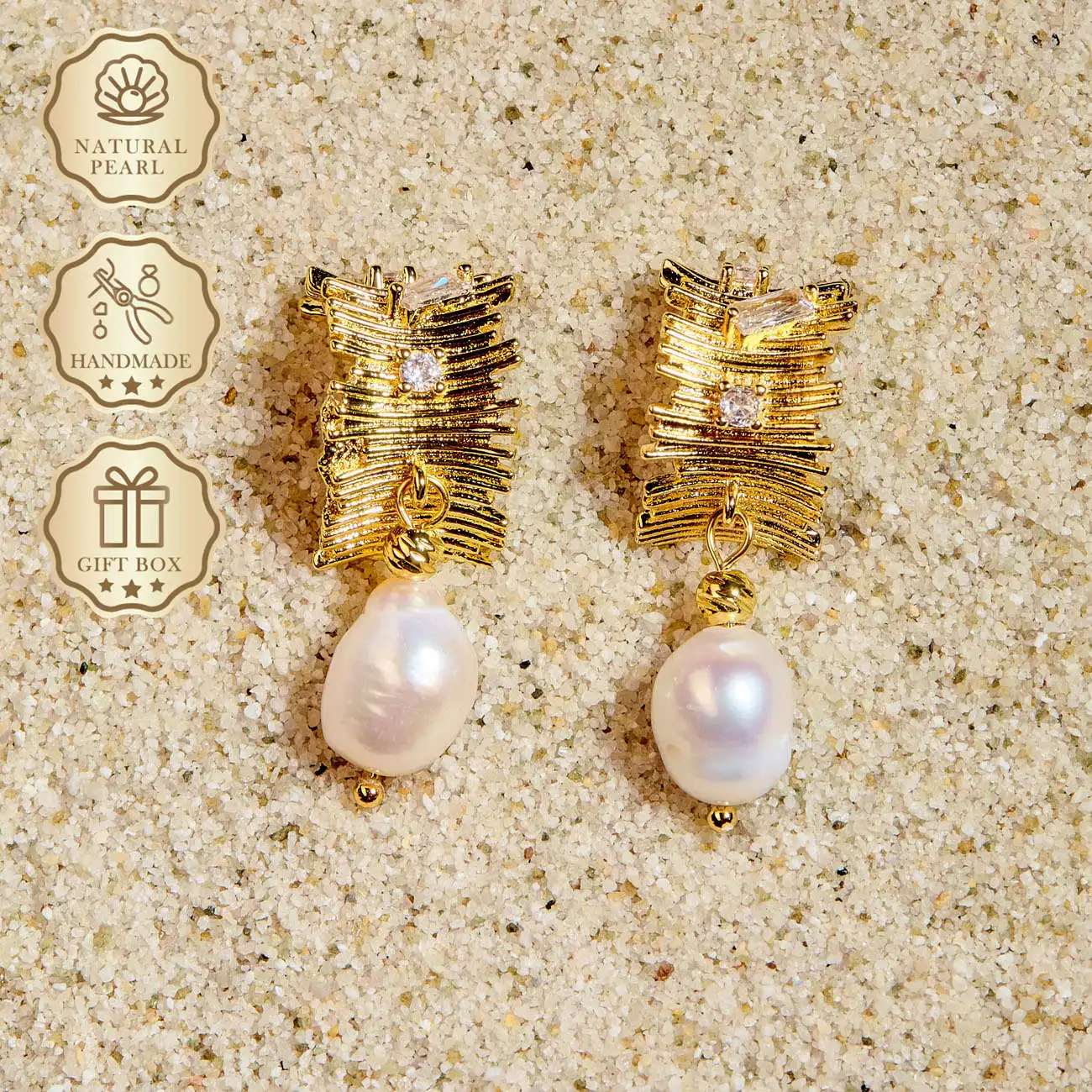 

MYSOYA White Baroque Freshwater Pearl Earrings 8–10mm with Gold Irregular Stripe Design, Gift Box, Birthday & Anniversary Gift