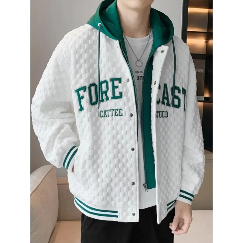 

Men's New Spring Hooded Varsity Jacket Streetwear Fashion Fake 2 in 1 Single Breasted Casual Windbreaker Loose Letter Coat