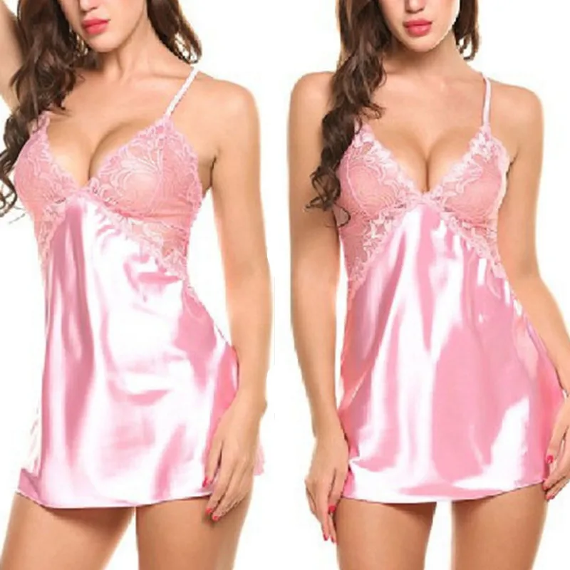 Vestido de lencería Sexy de S-2XL para mujer, conjunto de Babydoll de encaje, falda de tirantes de seda de encaje, ropa de dormir erótica Halter de talla grande