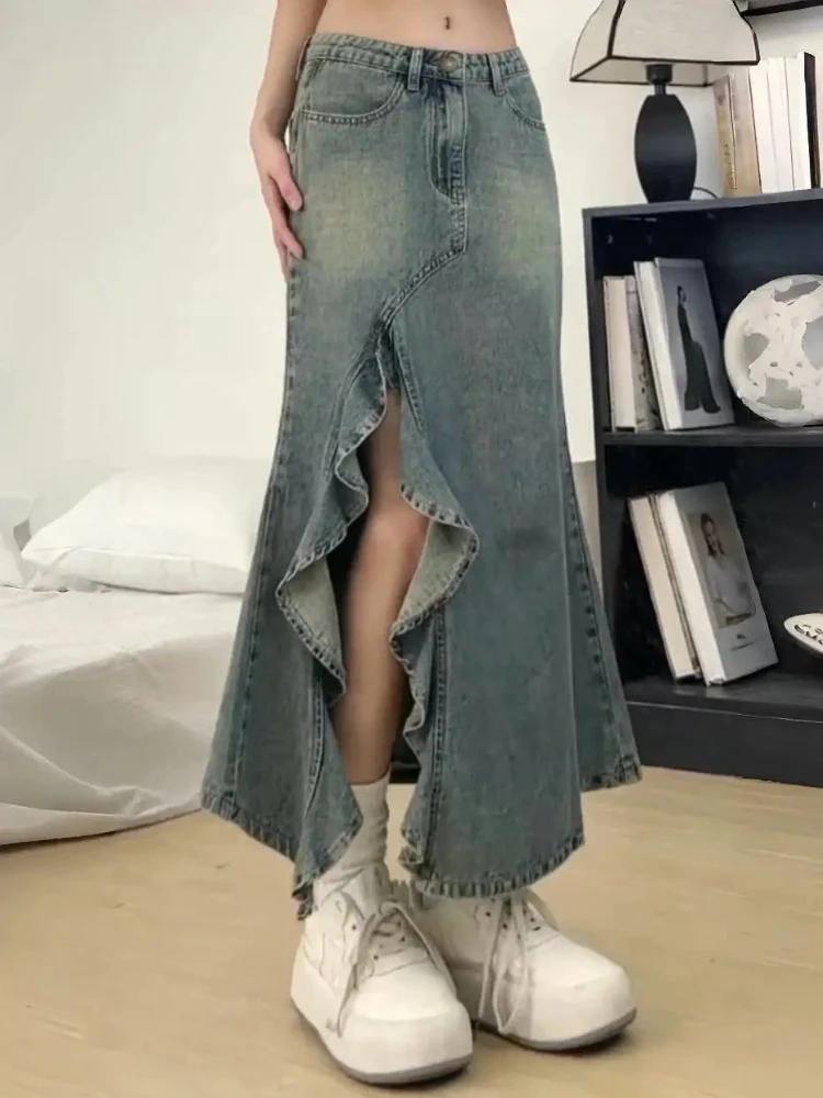 

Denim Trumpet Skirts Women Spring Side-slit Harajuku Vintage High Street Korean Empire Retro All-match Classic Leisure Basic Y2k