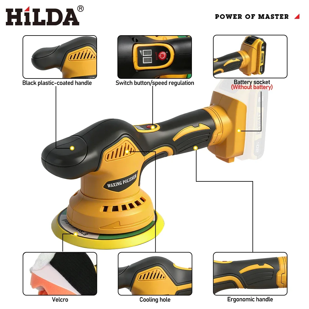 HILDA Car Polishing Machine Auto Car Waxing Polisher 8 Gears Digital Display Cordless Electric Polisher For Dewalt Battery view 4