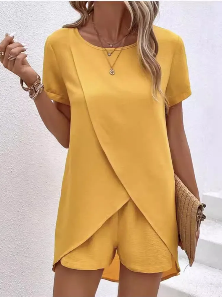 Summer New Solid Color Women\'S Short Sleeve Suit Simple Fashion Irregular Jacket Leisure Vacation Female Shorts 2 Piece Set