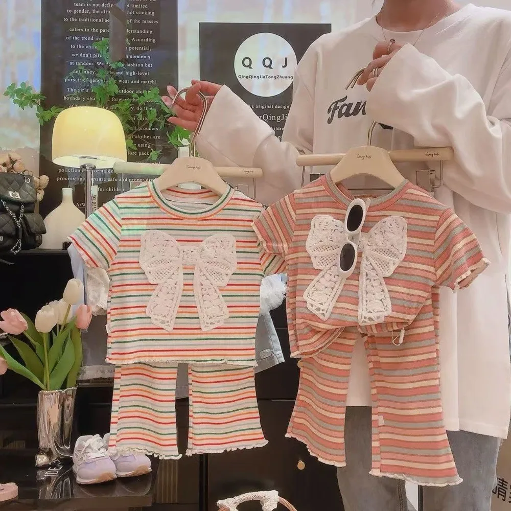 

Summer Colorful Stripes Round Neck Short Sleeve Girls Clothes Lace Bow Bottom T-shirt Tops + Bell-bottom Pants Two Piece Set