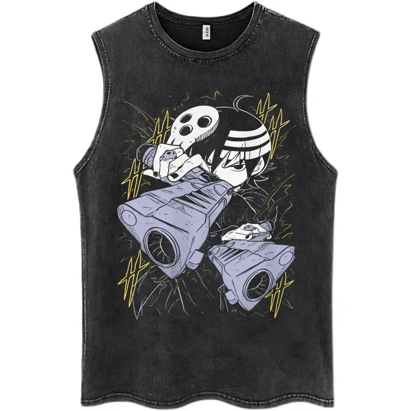 Washed Anime Soul Eater Death The Kid Tank Tops Men's Fashion Hip Hop Vests Loose T-shirt 100% Cotton Casual Sleeveless T Shirts