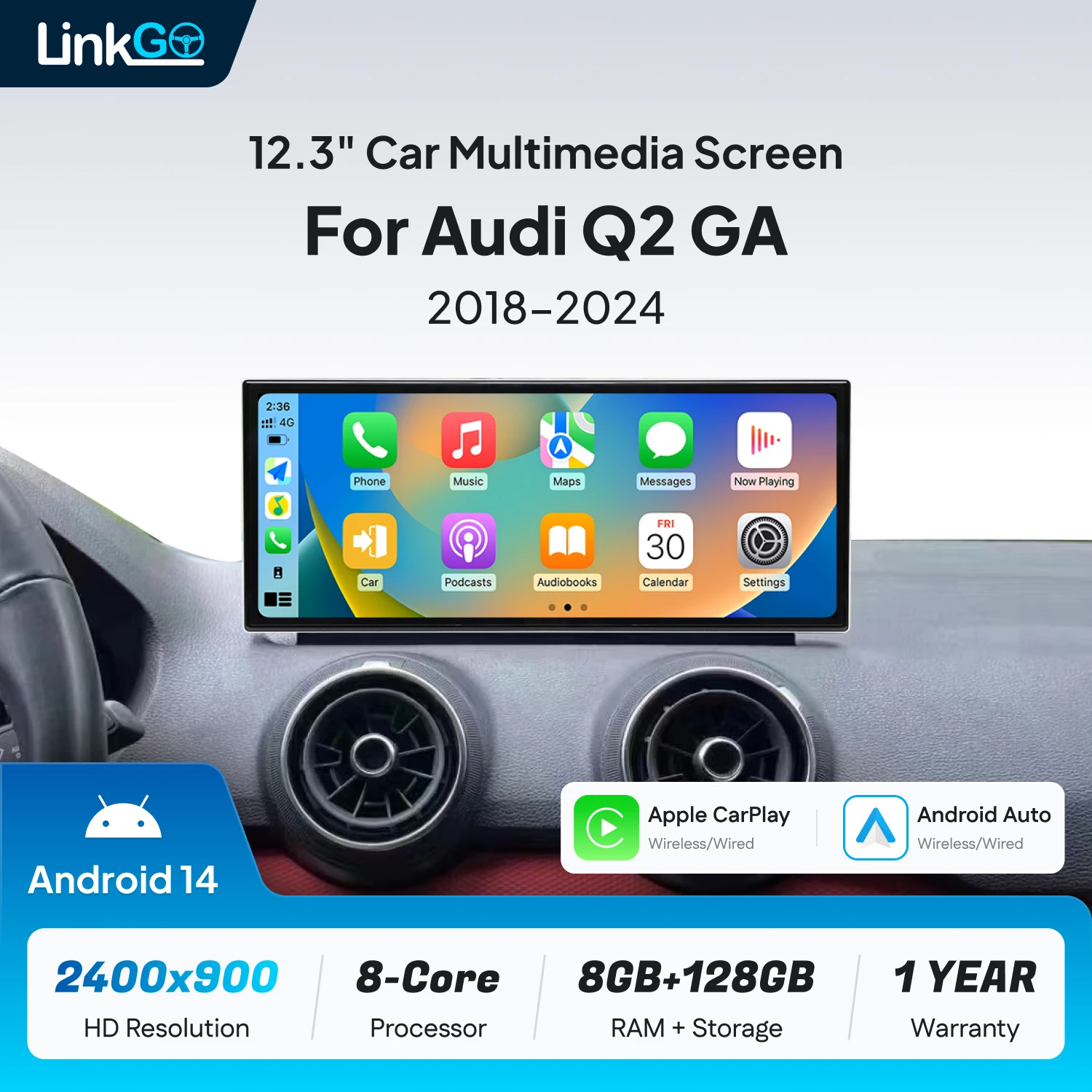 For Audi Q2 GA 2018–2024 with 12.3Inch multimedia display CarPlay Android Auto GPS Car Radio Multimedia Stereo Video Player