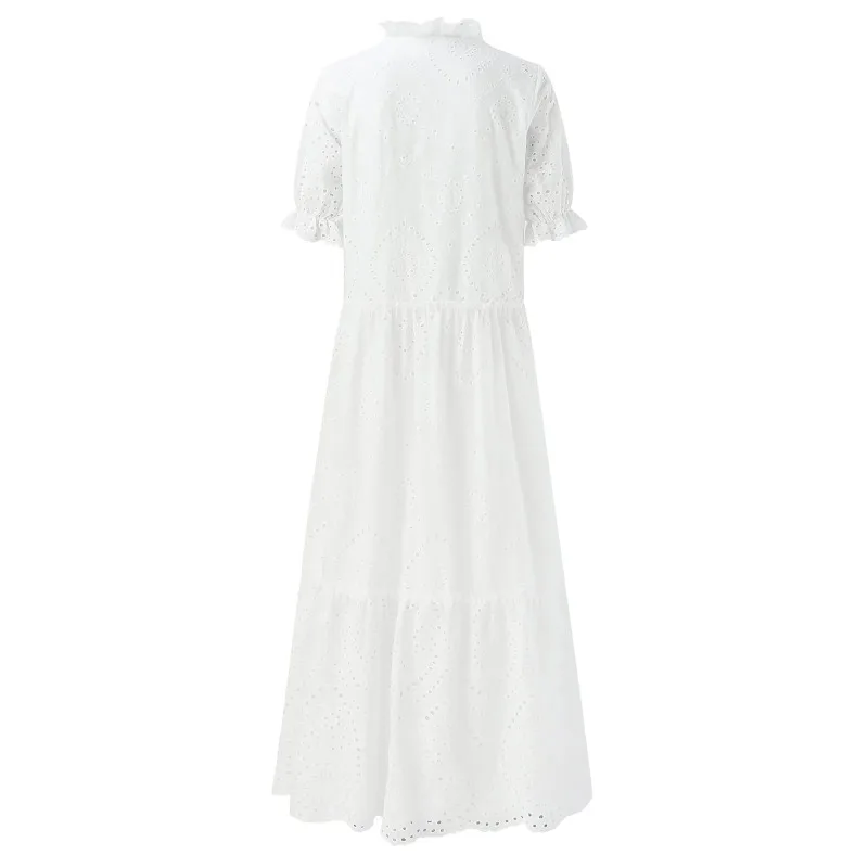Summer Cotton White Dress for Women Casual Hollow Crochet Bohemian Loose Beach Long Dress Ladies Plus Size Holiday Ruffles Dress