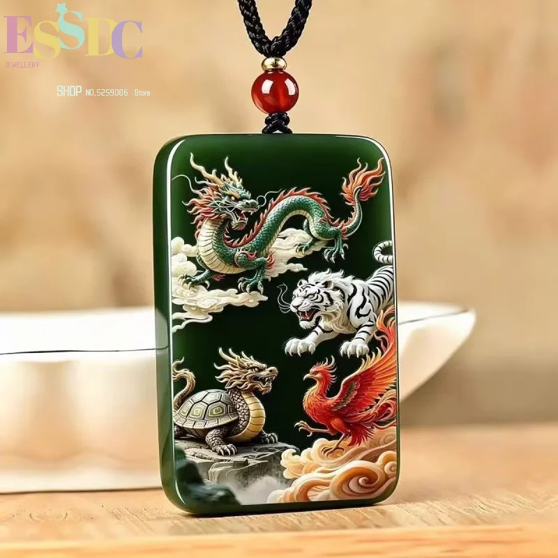 New Natural Hetian Jade Fortune Necklace Four Divine Beasts Guanyin Guan Gongwu God of Wealth Jade Pendant Gifts for Elders