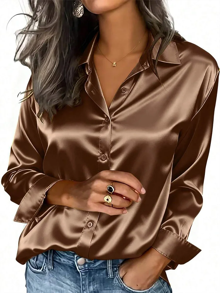 

High end satin shirt for women in spring and autumn, silky long sleeved shirt for daily street wear, eye-catching style