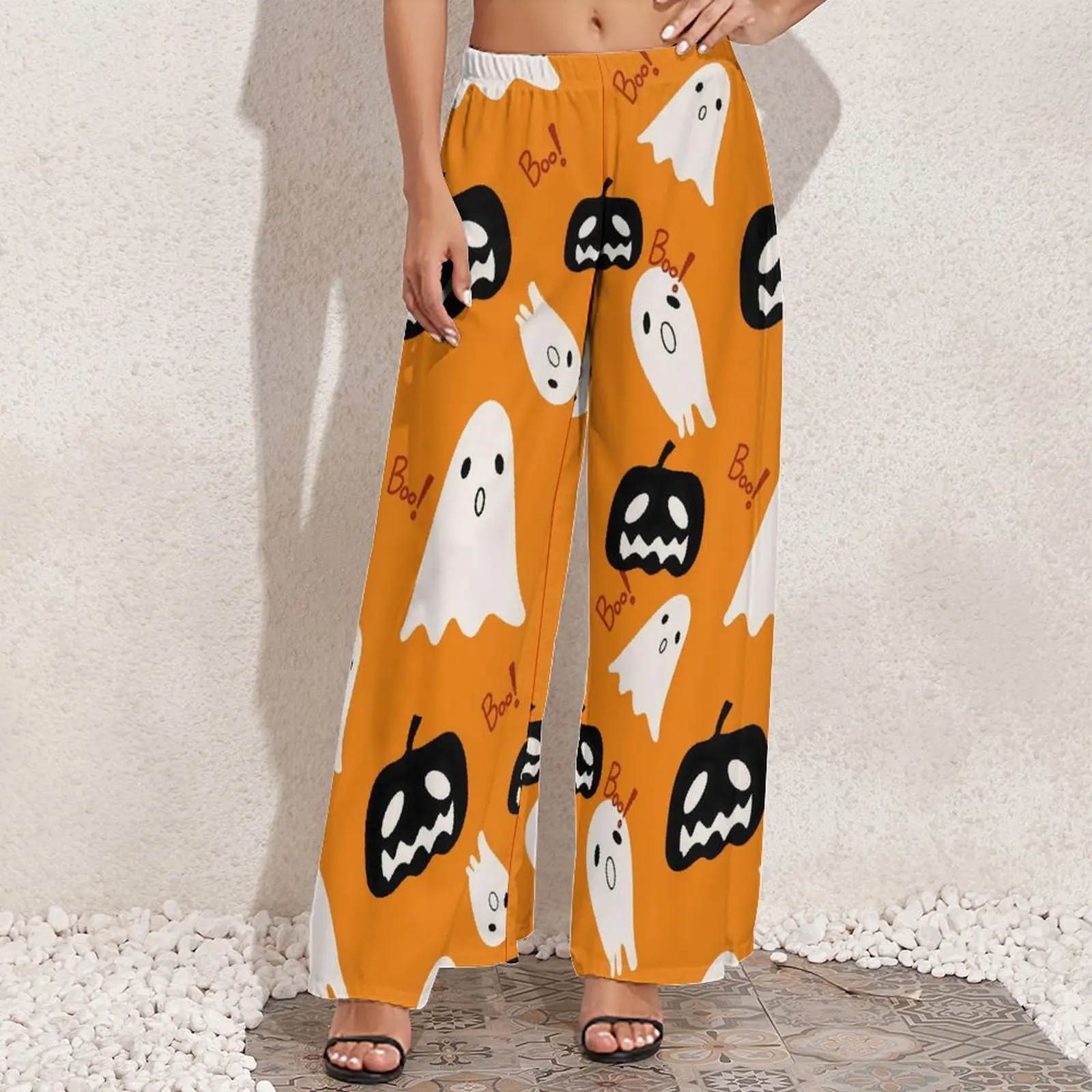 Happy Haunts Pants Women Halloween Pumpkin Ghost Streetwear Trousers High Waisted Trendy Wide Pants Gift