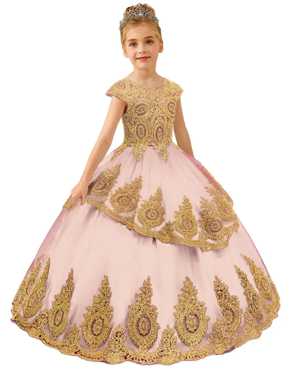 Vestidos florais brancos para meninas, apliques de casamento, renda, tule, costas nuas, até o chão, festa de aniversário infantil, primeira comunhão, vestido de baile