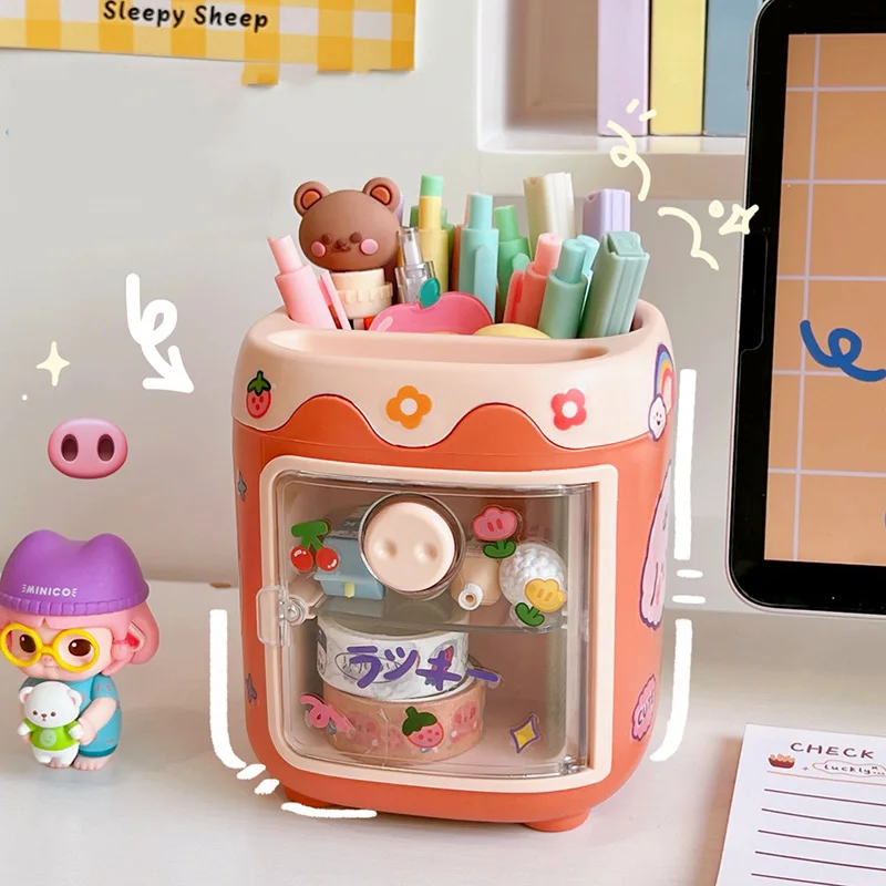 Cartoon Multi Grid Cute Rreative Piggy Drawer Pen Pot Holder Girl Heart Kawaii Student Multifunctional Storage Office Stationery