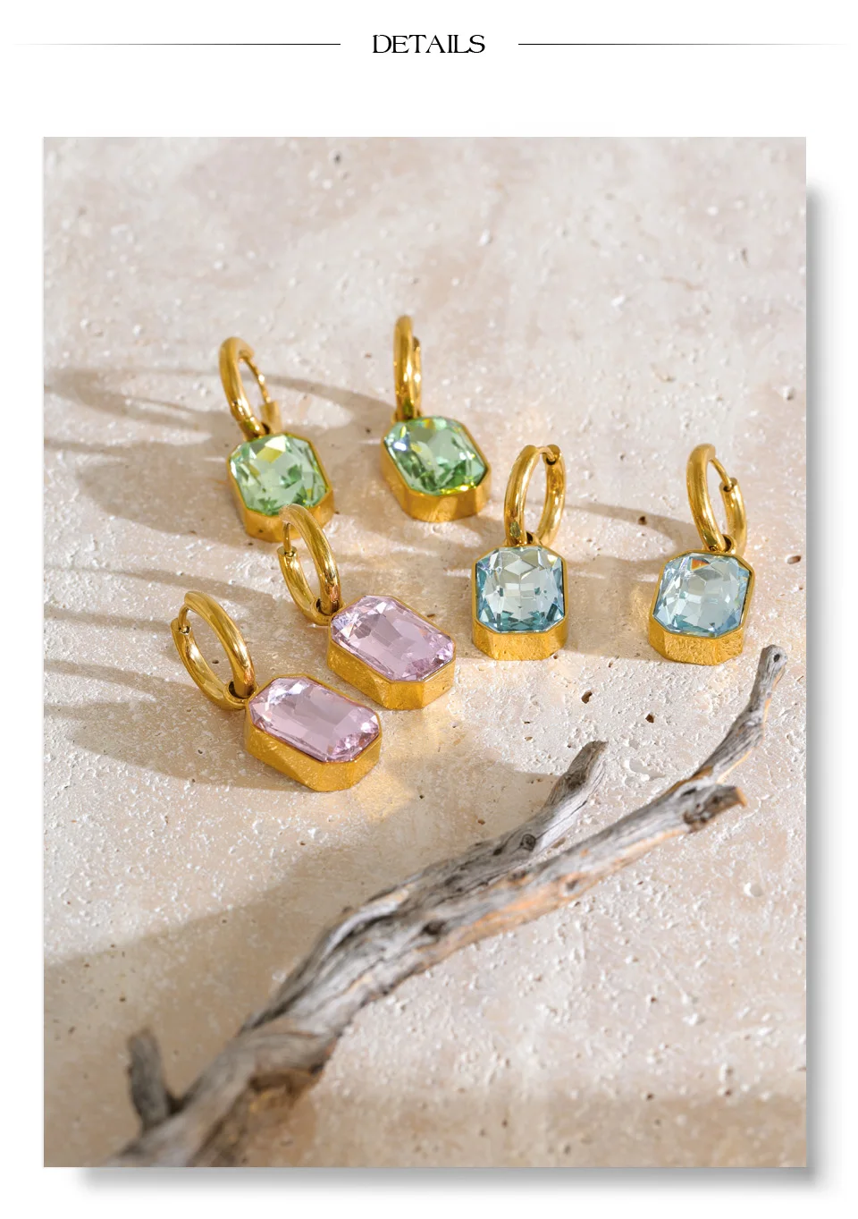 Yhpup Edelstahl-Creolen Grün Rosa Blau K9 Kristall Rechteckige Hängeohrringe Ästhetischer Goldener Damenschmuck – Detail 8